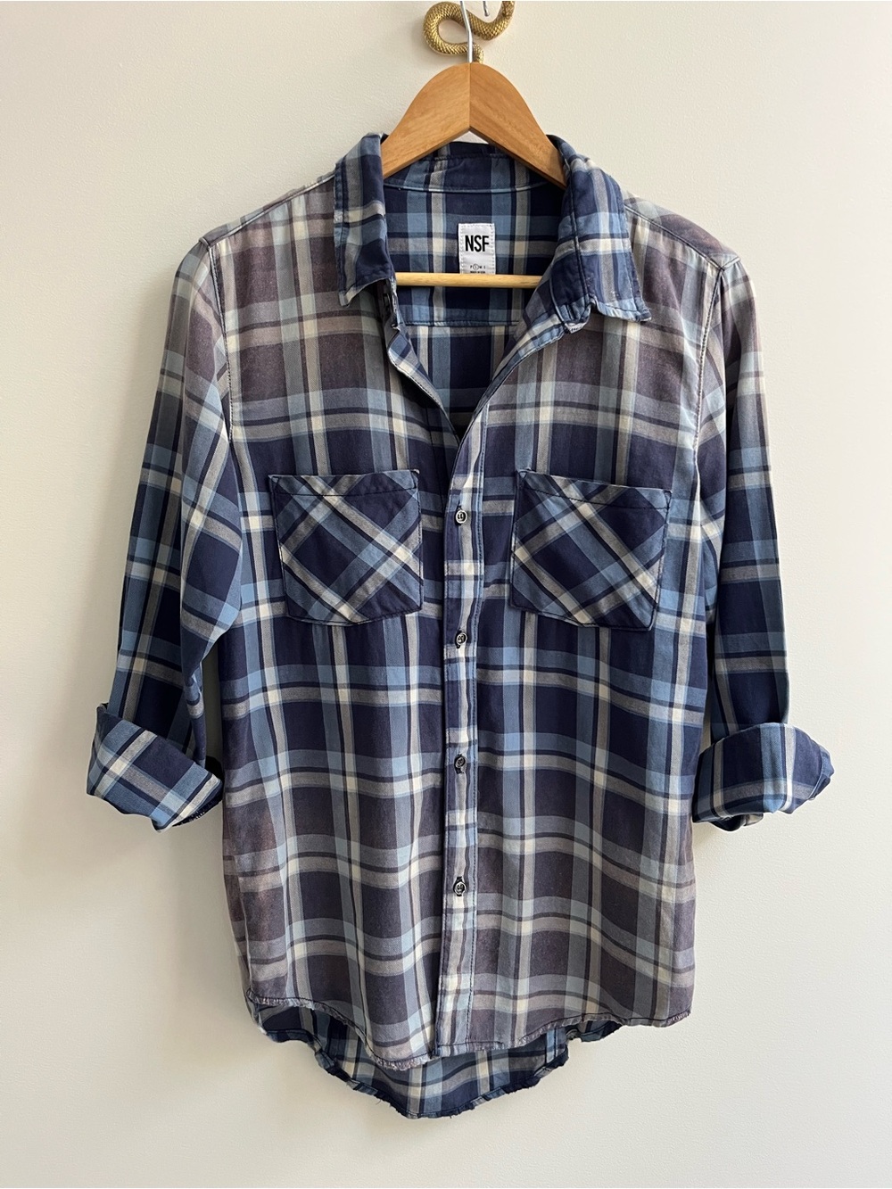 NSF 100% Cotton Washed Distressed Plaid Button Down Shirt Blue S